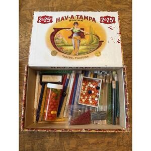 VTG 1930s Lot of Glass Indian SEED BEADS Tubes Etc in Hav-A-Tampa Cigar Box
